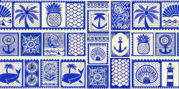 Tropical and nautical pattern with pineapples anchors and palm trees