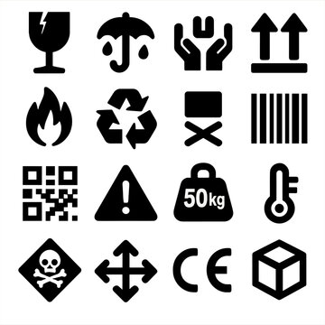 Collection of black shipping and handling icons on a white background