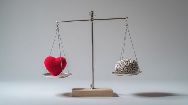 Modern balance scale with symbolic heart on one side and brain on the other, soft lighting, neutral background, concept of emotional versus rational