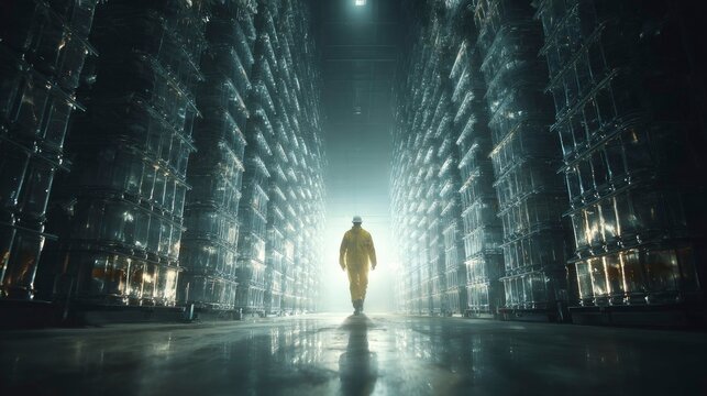 Worker in Protective Gear Checking Valve in Industrial Maze