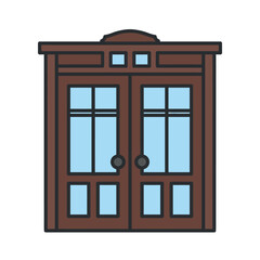 Fototapeta premium Simple classic double door icon with glass panels, clean minimal flat vector style