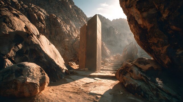 God Engraves the Ten Commandments on Two Stone Tablets on Mount Sinai by the finger of God as the main subject + strong side light casting elongated forms across terrain guiding the eye toward tablets