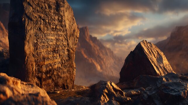 God Engraves the Ten Commandments on Two Stone Tablets on Mount Sinai by the finger of God as the main subject + winding mountain formations suggesting a decisive turning moment in a longer journey + 
