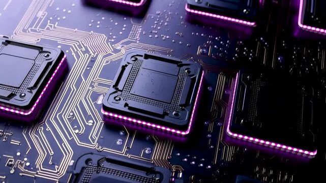 Advanced microchip processors mounted on circuit board with glowing neon traces and intricate electronic pathways in high performance computing systemAdvanced microchip processors mounted on circuit b