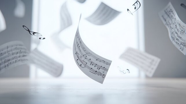 Sheets of music notes floating in air, soft light, blurred creative studio background, surreal but calm composition, centered subject, large space