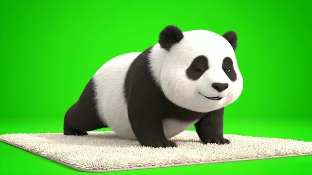 Adorable 3D Render of a Cute Panda Character Performing a Yoga Pose on a Shaggy White Mat Against a Vibrant Green Screen