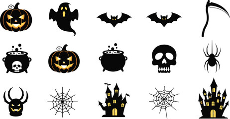 Fototapeta premium Halloween icons set including pumpkins ghosts bats spiders cauldrons scythes skulls and haunted houses