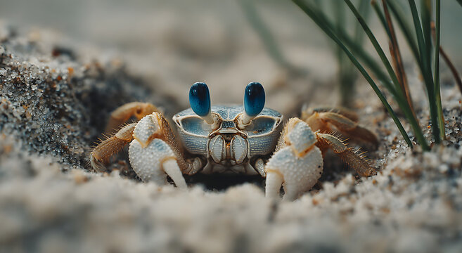 Vibrant ghost crab with blue eyes peeking from sandy beach hole