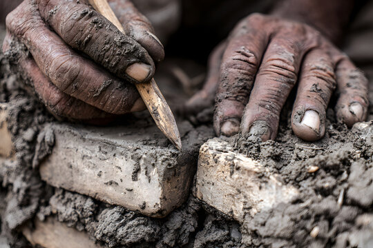 Close-up of skilled hands working with mud bricks and a wooden tool