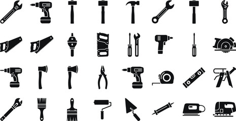 Fototapeta premium Industrial tools icon set for construction and repair work including hammers drills and various saws