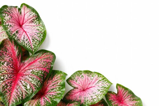 Caladium bicolor leaves arranged as a refined diagonal border on white background spacious negative space clean botanical wallpaper design vivid heart shaped foliage