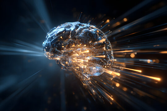 Futuristic brain with glowing circuits and speed lines for technology concepts