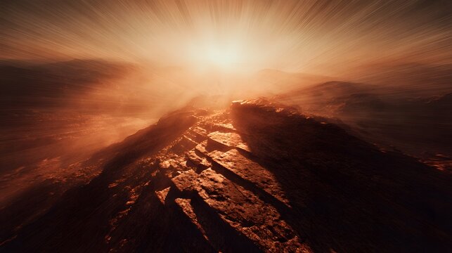 God Engraves the Ten Commandments on Two Stone Tablets on Mount Sinai by the finger of God as the main subject + surrounding landscape gradually brightening outward from engraving site + radial light 