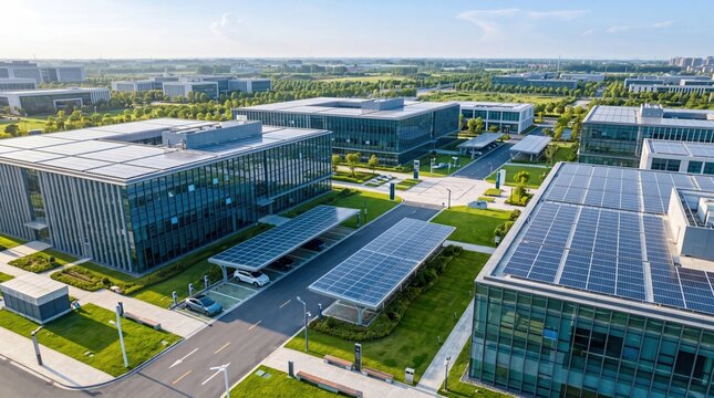 Aerial view of modern glass office buildings with solar panels on roofs and parking canopies, green sustainable architecture and corporate campus.