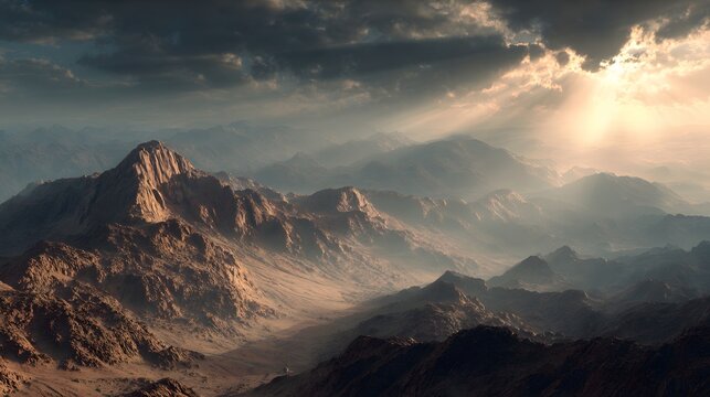 God Engraves the Ten Commandments on Two Stone Tablets on Mount Sinai by the finger of God as the main subject + multiple mountain ridges converging toward the central engraving point + radiant direct