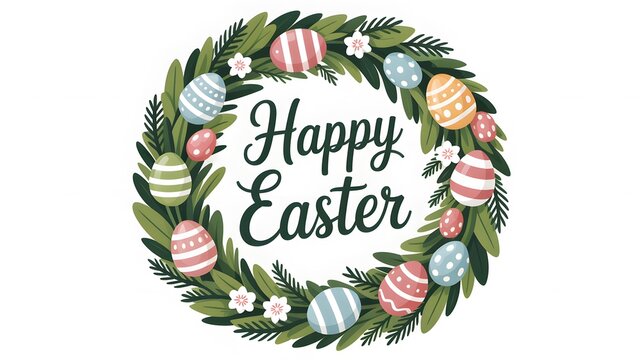 Easter wreath with colorful eggs and festive greeting on white background