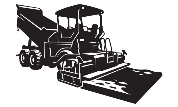 Asphalt paver silhouette, paving machine, construction site, vector isolated on white