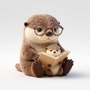 A charming illustration of an otter engrossed in a book.