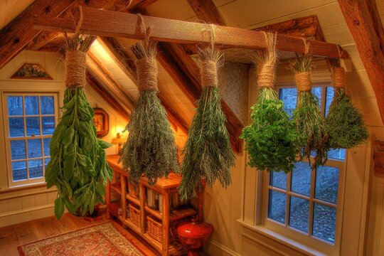 Fresh Lavender and Rosemary Bundles Hanging with Jute Twine