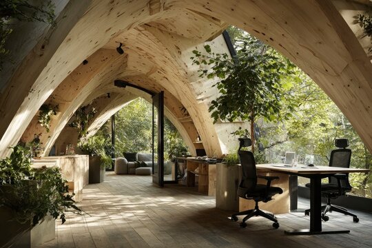 Modern Co-Working Space with Curved Wooden Partitions and Nature Views