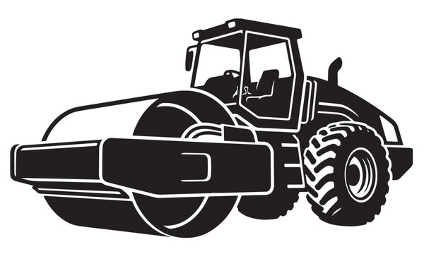 Road roller silhouette, asphalt compactor machine, construction site, vector isolated on white