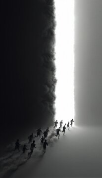 A group of figures run towards a bright light, escaping a dark, smoky abyss.