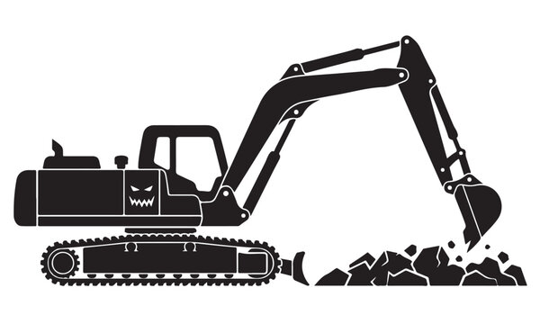 Mini excavator silhouette, compact excavator machine, construction site, vector isolated on white