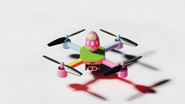 Colorful toy drone with propeller motion blur against white background