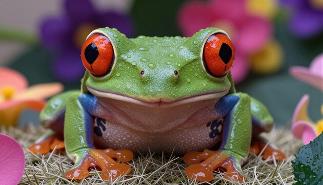 A vibrant red-eyed tree frog sits amidst lush foliage.