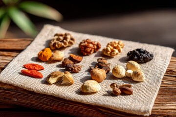 Fototapeta premium Assorted Medicinal Mushrooms Spread Out on Raw Textured Linen