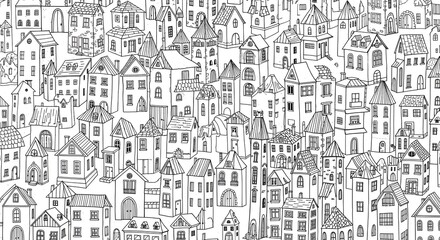 Obraz premium Detailed Hand Drawn Sketch of a Dense European Townscape with Many Buildings.