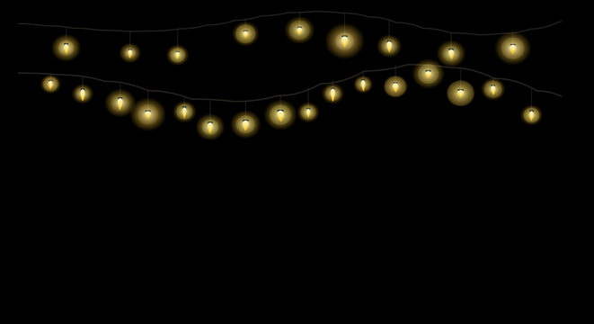 Glowing string lights in warm golden lighting on black background for festive decoration