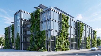 Fototapeta premium Modern sustainable office building facade covered with vertical garden green plants and solar panels, eco-friendly architecture and urban greening concept