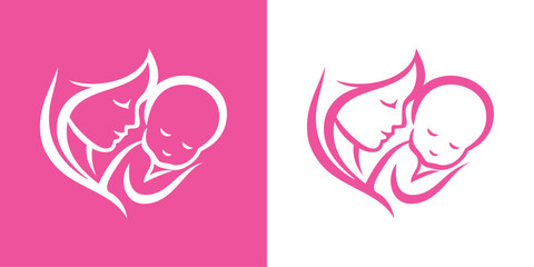Logotipo con dibujo minimalista con líneas de una madre abrazando a su hijo, para tarjetas y felicitaciones del Día de la Madre © teracreonte