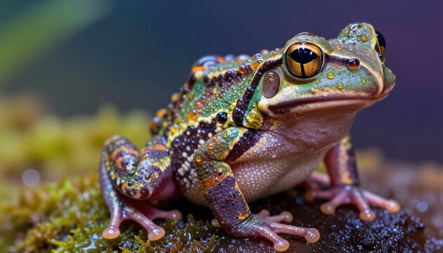 A vibrant, close-up portrait of a vibrant, patterned frog perched on a mossy surface.