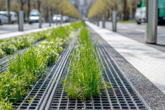 Green Grass and Paved Street in Modern Urban Environment