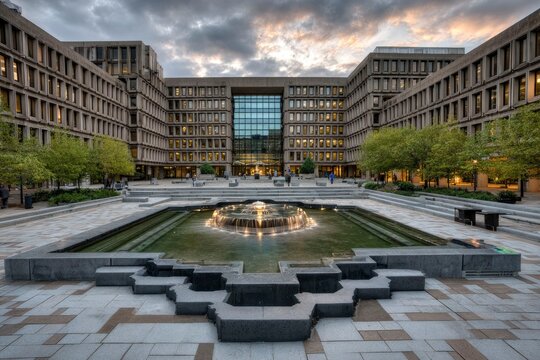 Transformational Courtyard of a Brutalist Civic Center with Fountain