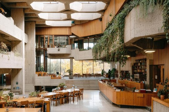 Modern Brutalist Concrete Library Interior with Reclaimed Wood Elements