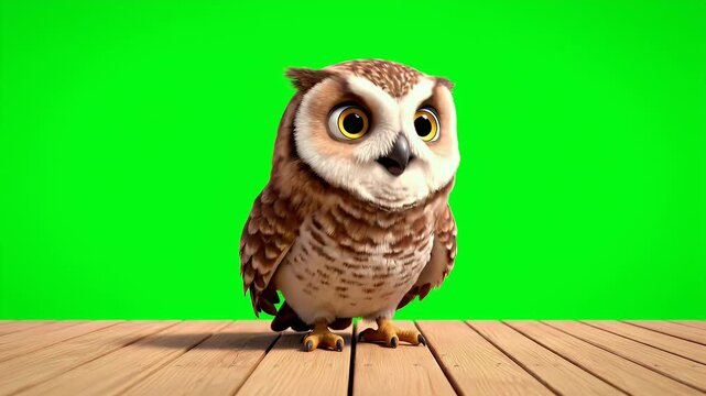 Adorable Small Cartoon Owl with Big Expressive Eyes and Brown Feathered Body Standing on a Wooden Surface Against a Vibrant Green