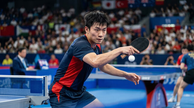 Professional table tennis player in action during a competitive match with spectators watching