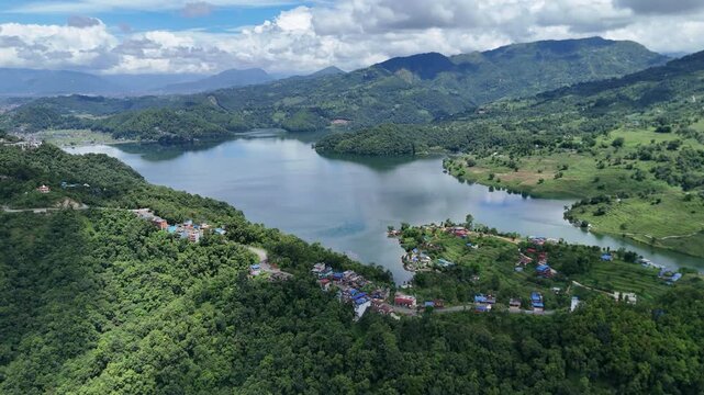 Aerial 4K View of Begnas Lake and Lush Green Hills in Nepal