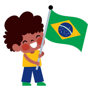 Cartoon Kid Holding Brazil Flag