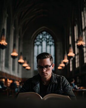 Male Student with Glasses Reading Book in Historic Library Setting