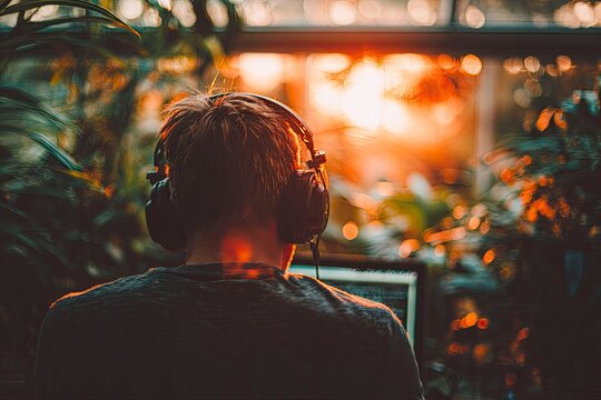 Focused Individual Using Noise-Canceling Headphones in Nature Setting