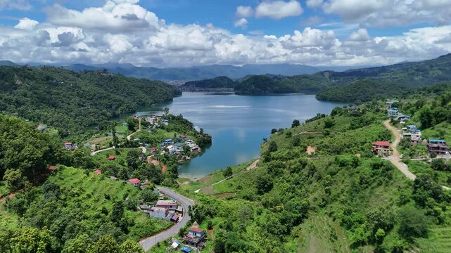 Stunning 4K Aerial Shot of Summer Landscape with Lake and Tropical Greenery