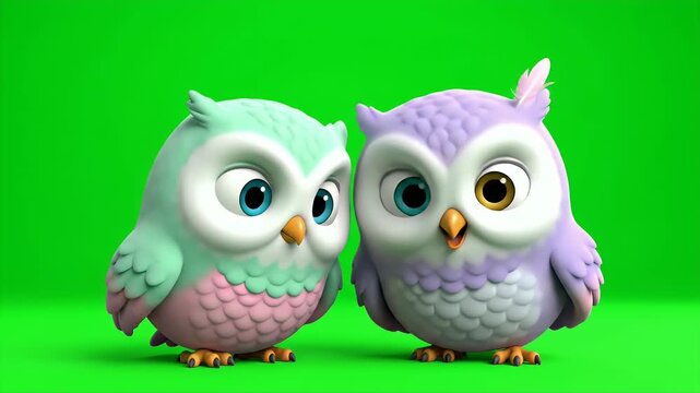 Charming 3D Render of Two Adorable Cartoon Owlets with Pastel Feathers Standing Side by Side Against a Vibrant Green Screen