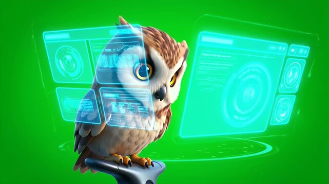 Charming 3D Render of a Wise Owl with Futuristic Holographic Displays Interacting with Data Interfaces Green Screen Background