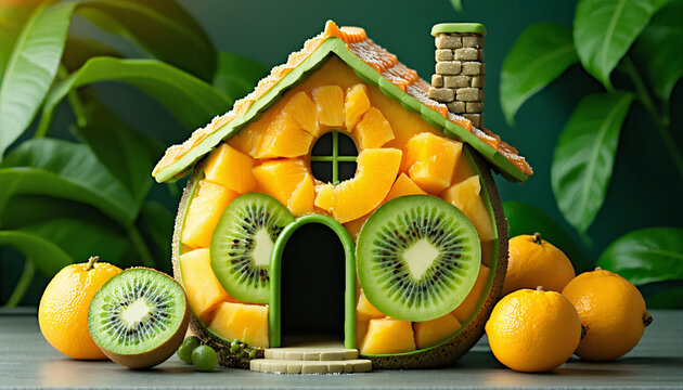 Kleines Haus aus Mango und Kiwi mit Kamin