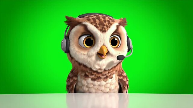 Charming 3D Rendered Owl Character Wearing a Headset and Speaking into a Microphone with Expressive Eyes Against a Vibrant Green