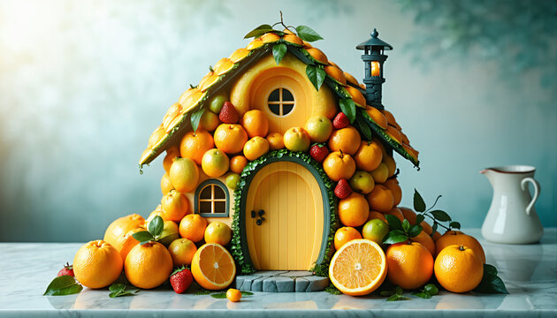 Fantasievolles Haus aus Orangen und Zitrusfr&uuml;chten